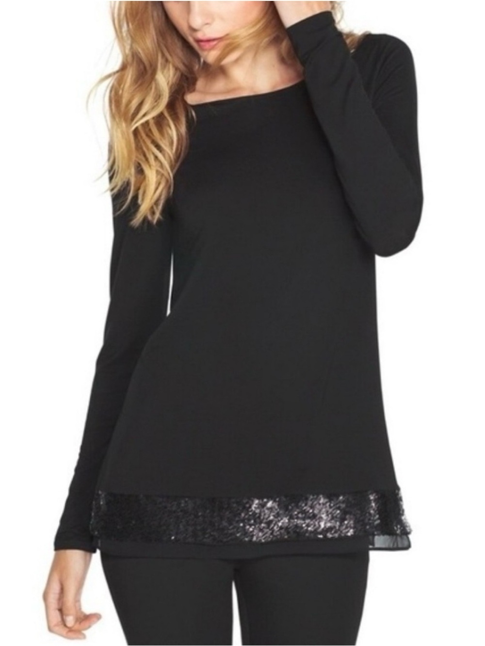 WHBM Black Long Sleeve Sequin Hem Tee Top | Sz S